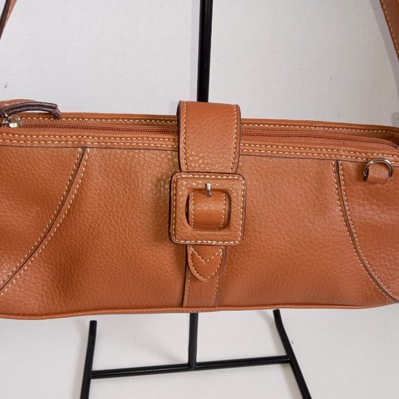 Vintage '90s LIZ CLAIBORNE Tan Leather Baguette Flap Closure w Buckle - Picture 4 of 11